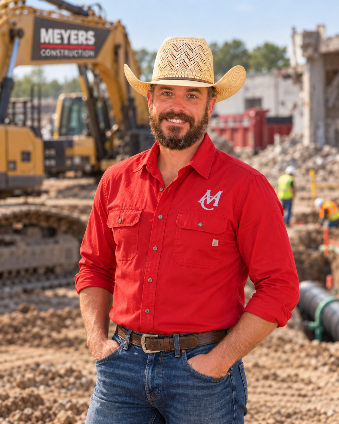 Jacob Roller at a project site with Meyers Construction equipment in the background.